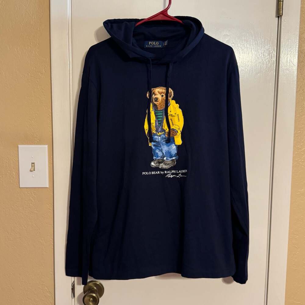 NWOT Polo Ralph Lauren Navy Jersey Polo Bear Graphic Hooded T-Shirt Large - Picture 2 of 10